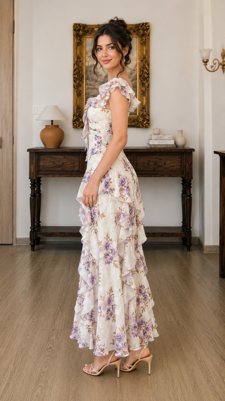 Side view of ivory floral maxi dress showing fitted bodice and cascading ruffle skirt