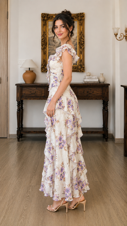 Side view of ivory floral maxi dress showing fitted bodice and cascading ruffle skirt
