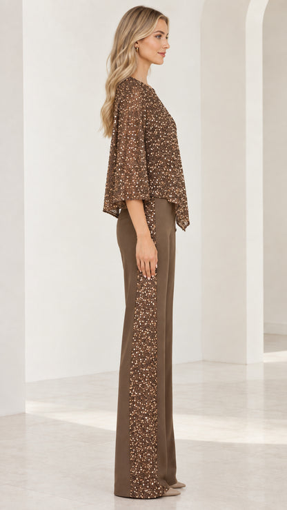 Side profile view of mocha brown formal two-piece pant suit with sequin detail