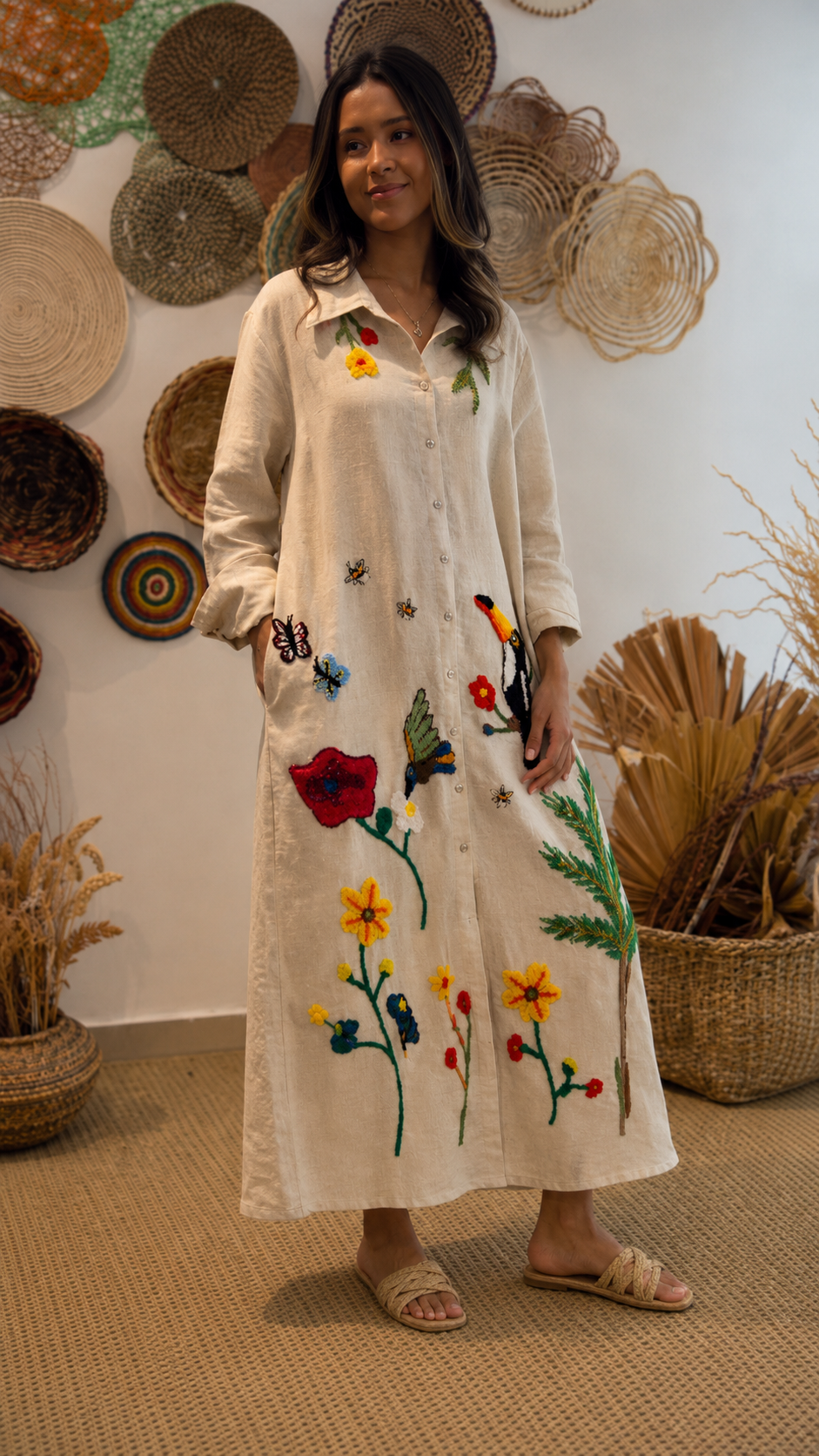 Beige button-front maxi shirt dress with floral embroidery and side pockets