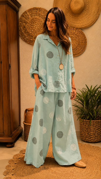 Aqua relaxed two-piece polka dot pants set with collared shirt and full-length wide leg pants