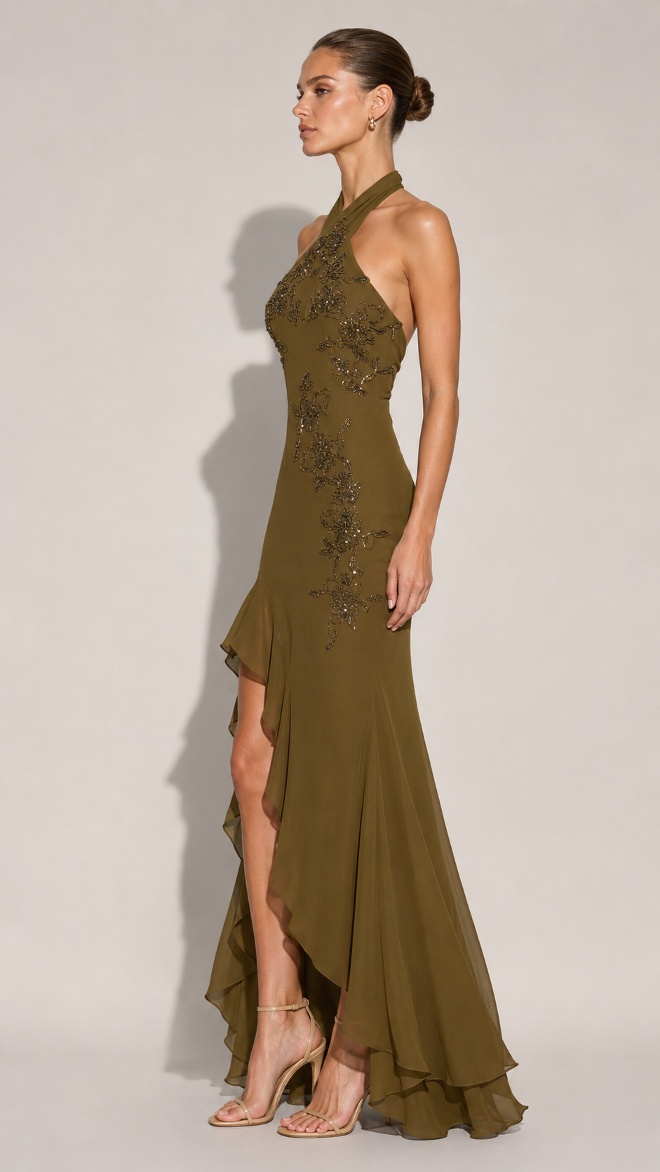 Olive embellished halter high-low evening gown side view
