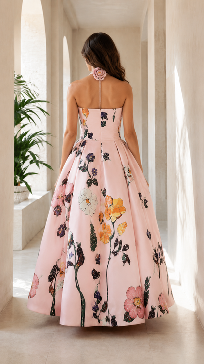 Back view of blush pink strapless floral ball gown maxi dress with fitted bodice