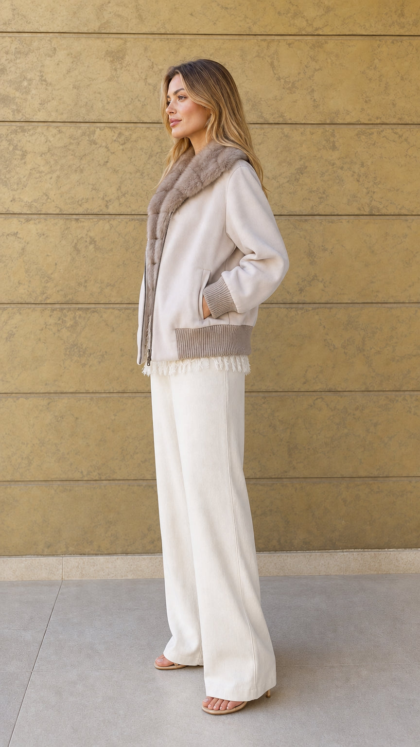 Side profile of cream faux-fur trimmed casual bomber jacket