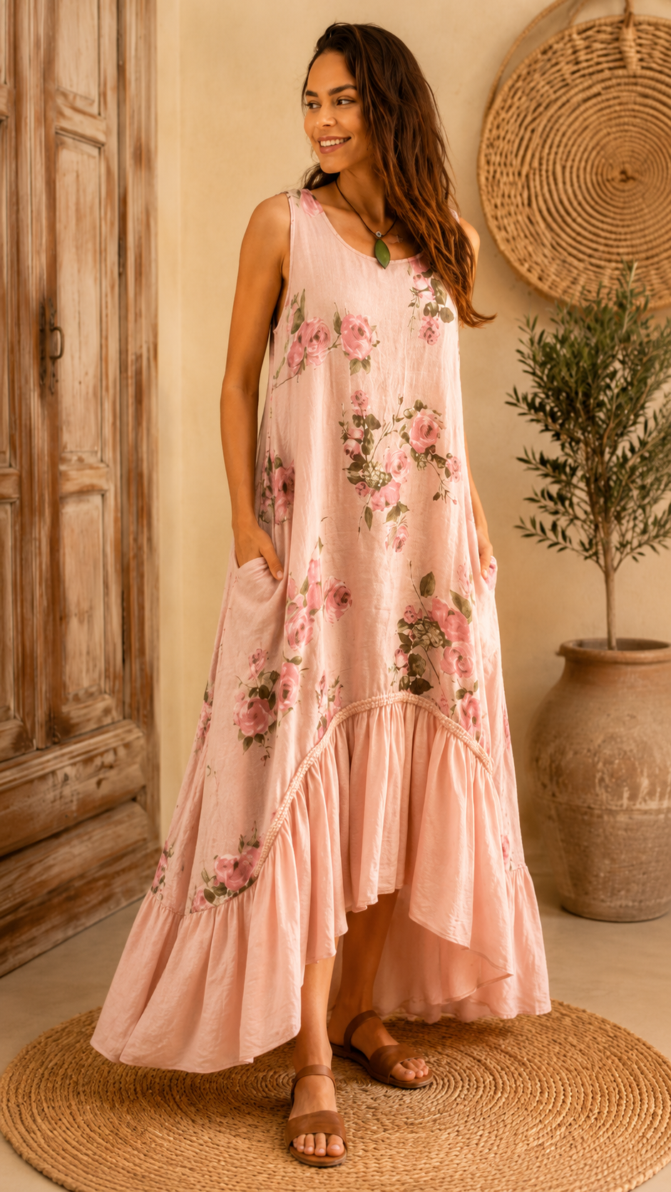 Angled front view of blush pink floral flowy maxi dress with side pockets