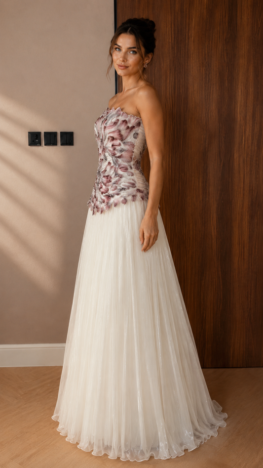 Side view of mauve and ivory strapless formal gown with fitted embellished bodice