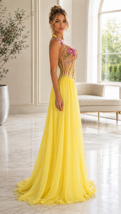 Side view of yellow halter evening gown with sheer-look embellished corset bodice