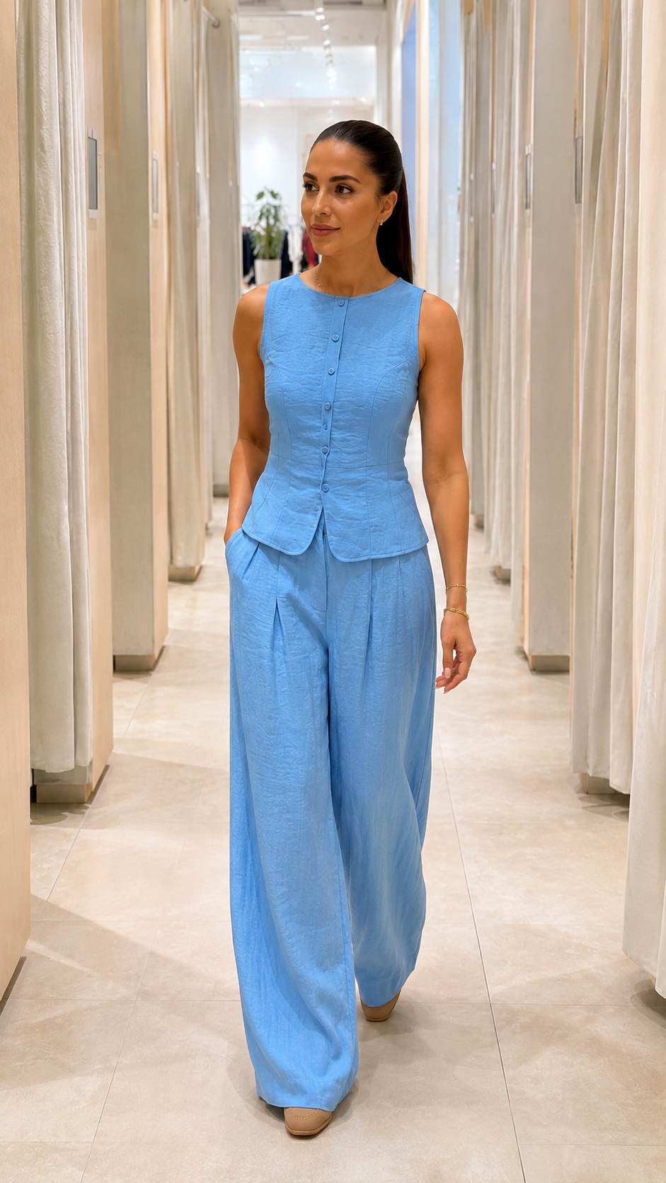 Front angled view of sky blue matching sleeveless top and flowing wide leg pants set