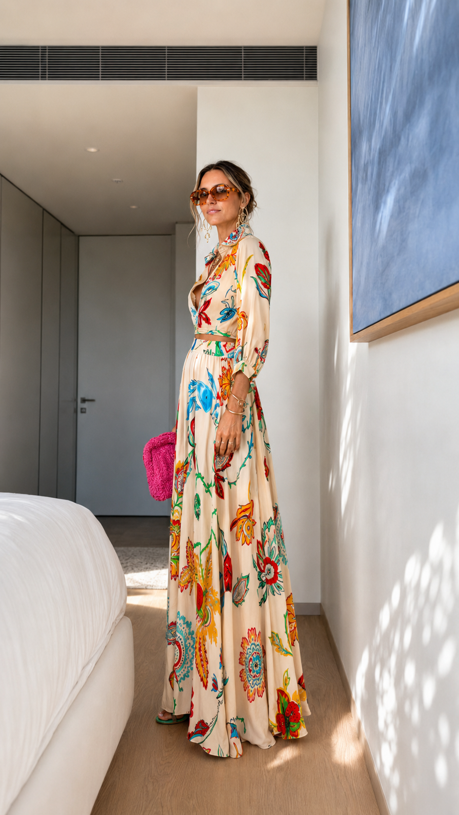 Side view of cream printed belted maxi dress with flowing full-length skirt