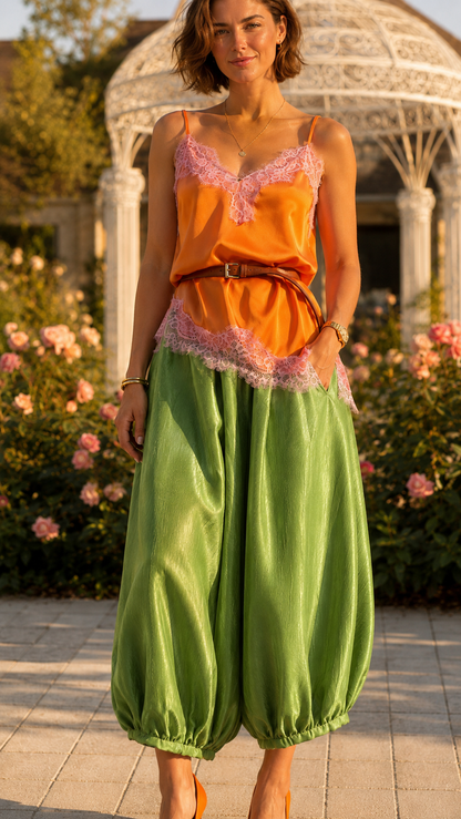 Orange and green lace trim cami jumpsuit with belted waist front view