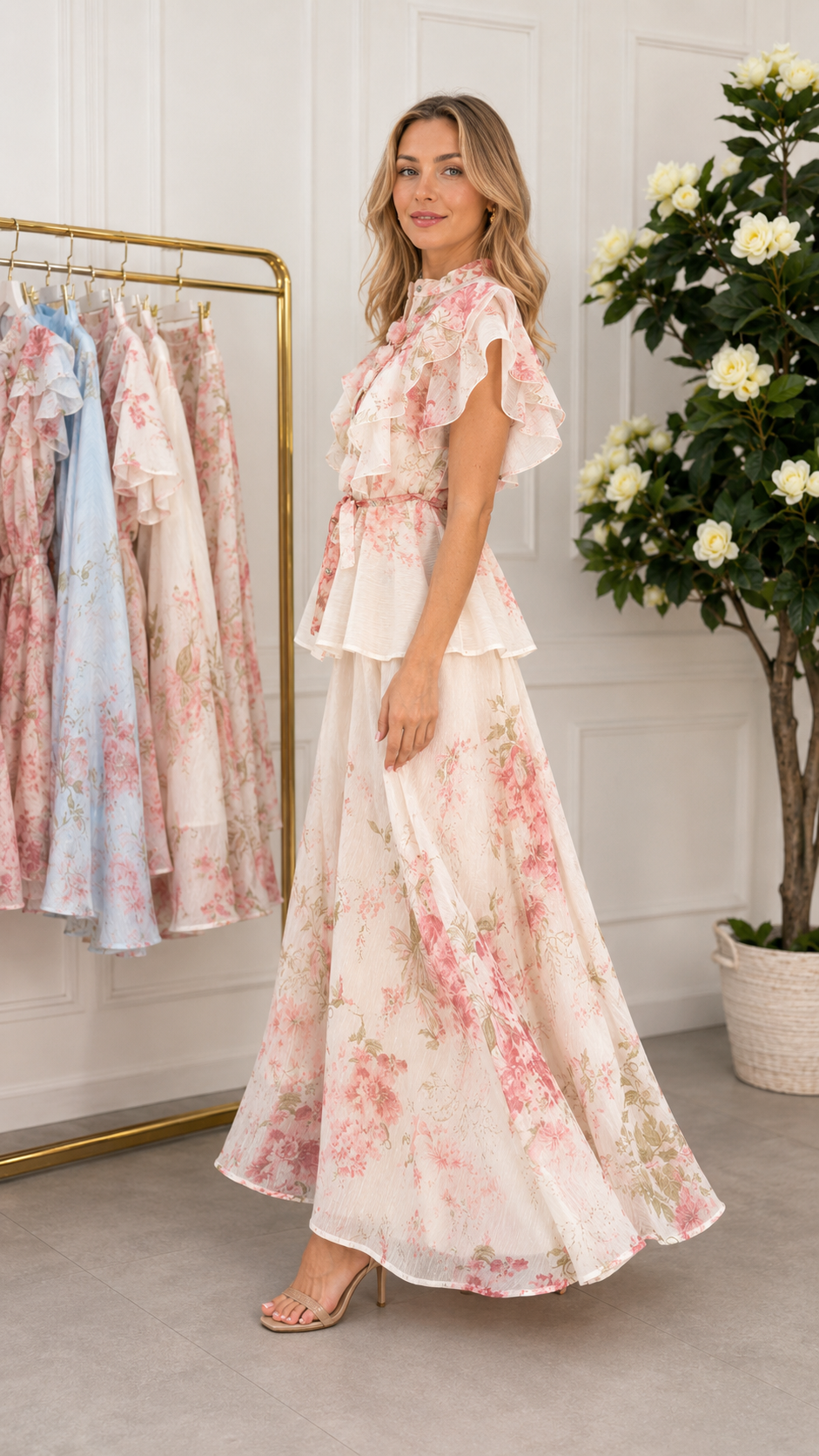 Side view of ivory floral maxi dress with layered ruffles and sweeping hem
