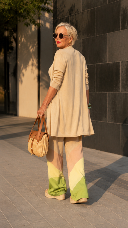 Beige longline cardigan outfit set with wide leg colorblock pants back view