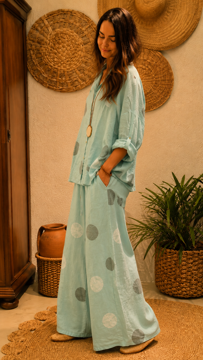 Side view of aqua polka dot matching set with rolled sleeves and flowy wide leg silhouette