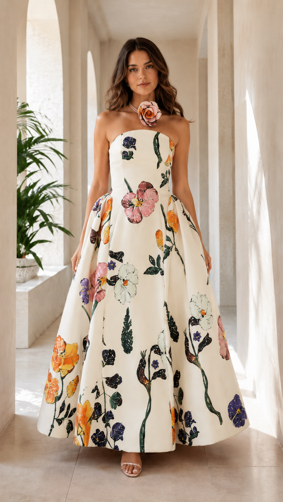 Front view of ivory strapless floral ball gown maxi dress with botanical print