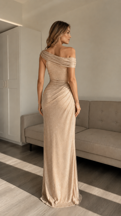 Champagne one-shoulder ruched shimmer maxi evening dress back view