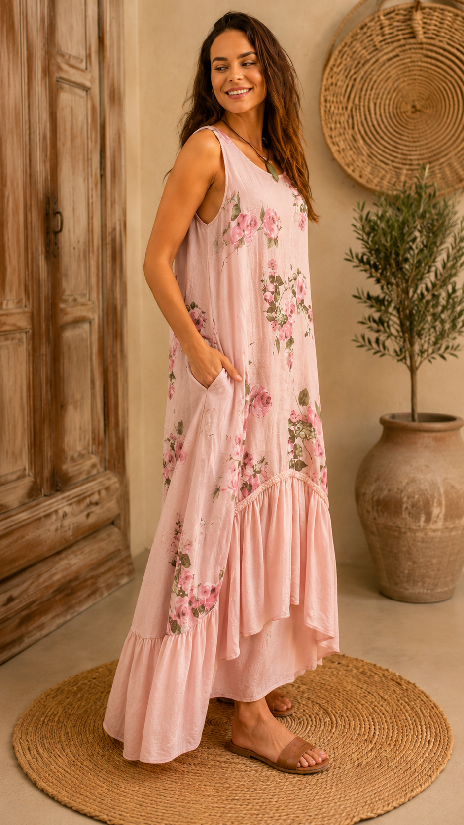 Side view of blush pink floral sleeveless maxi dress with curved tier seam