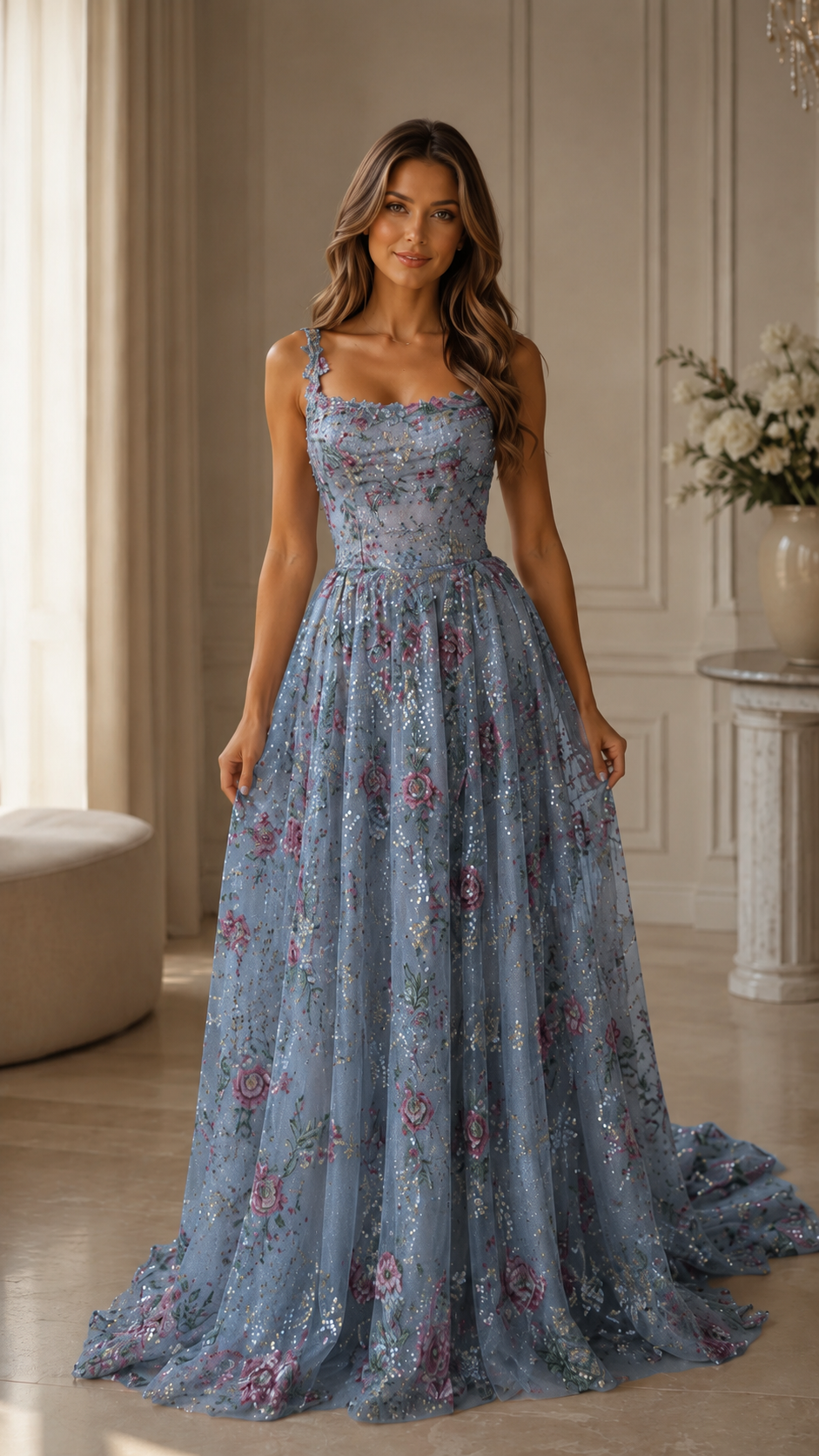 Dusty blue floral glitter ball gown maxi dress front view
