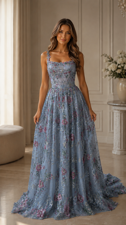 Dusty blue floral glitter ball gown maxi dress front view