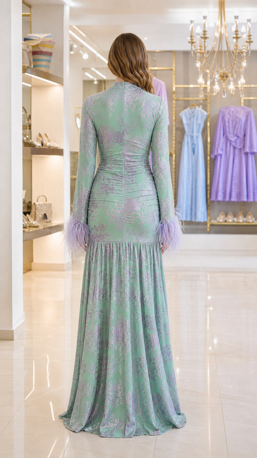 Back view of sage green floral jacquard long-sleeve evening gown