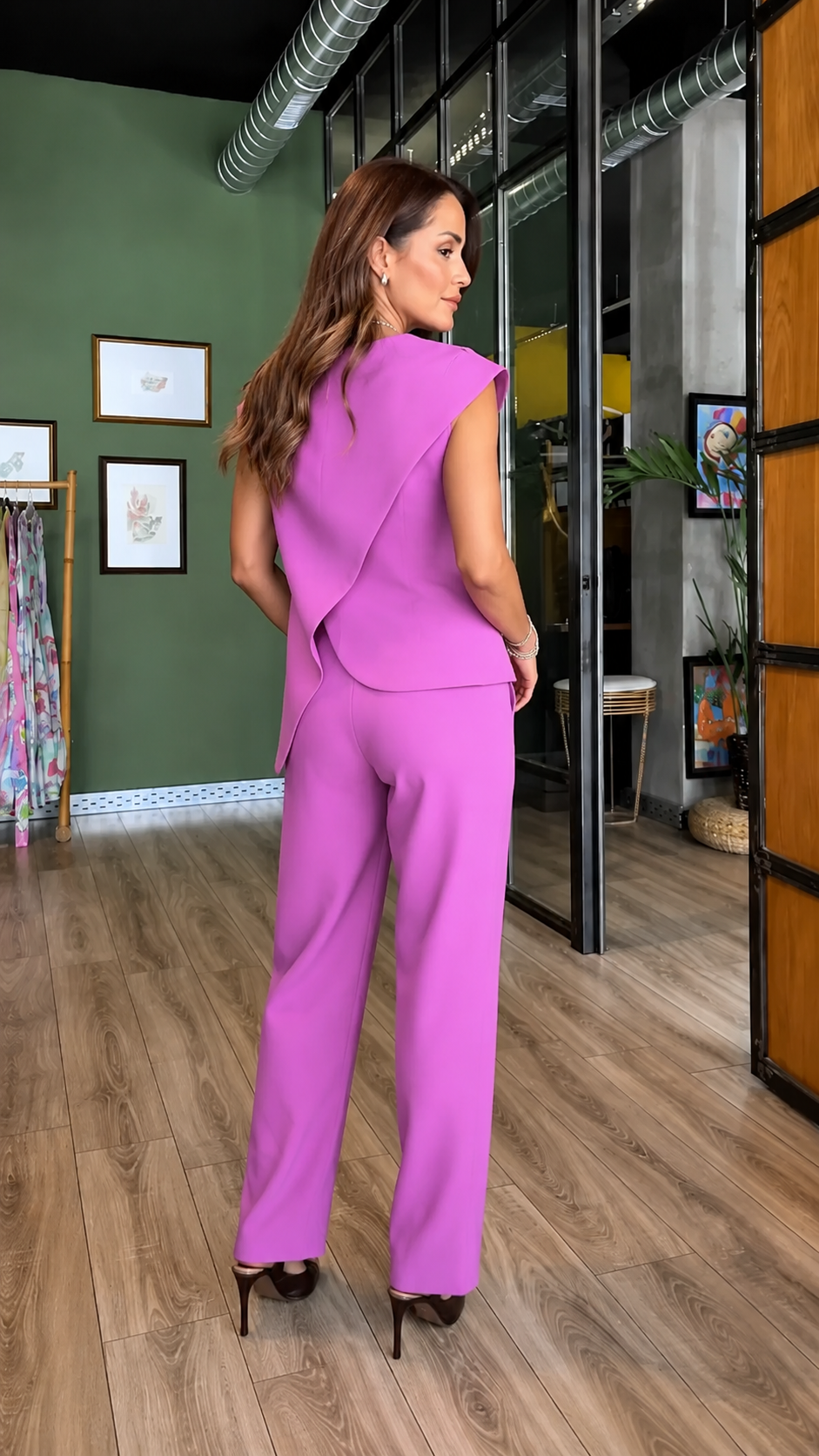 Back view of orchid matching set with wrap-inspired asymmetric top
