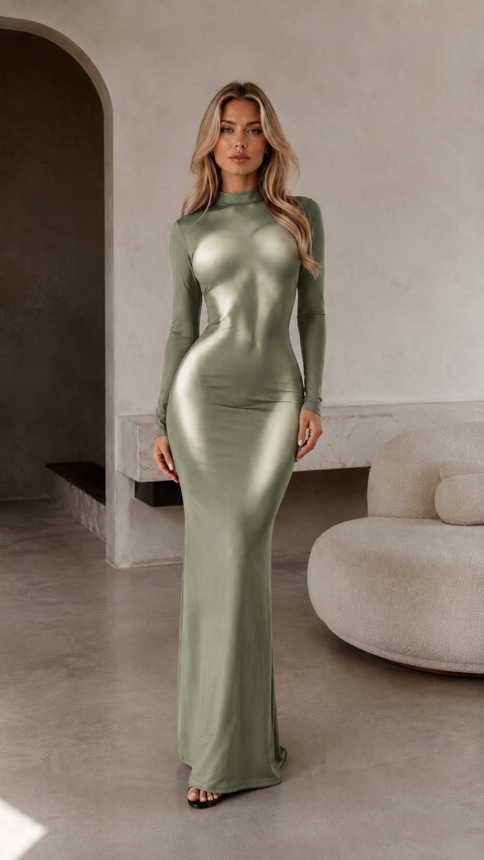Front view of sage green mock neck long sleeve bodycon maxi dress