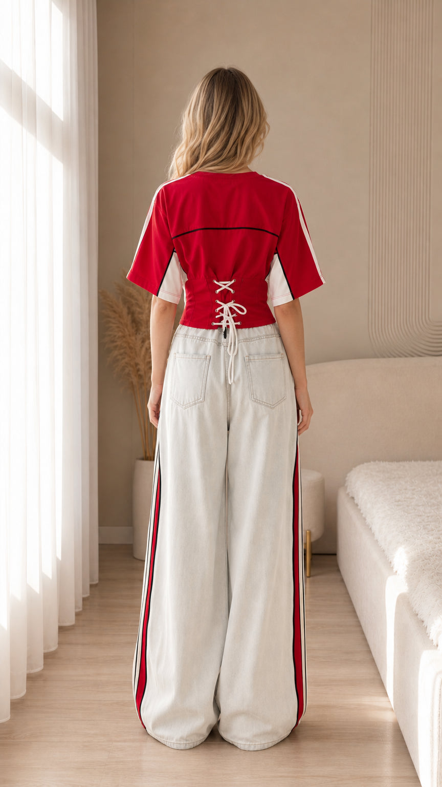 Back view of the red cropped top with curved seam and lace-up-style waist detail