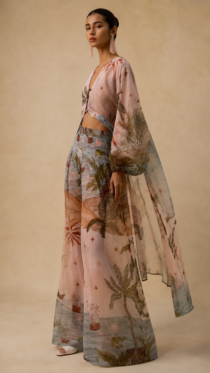 Angled view of blush pink printed tie-front crop top and matching wide-leg pants set