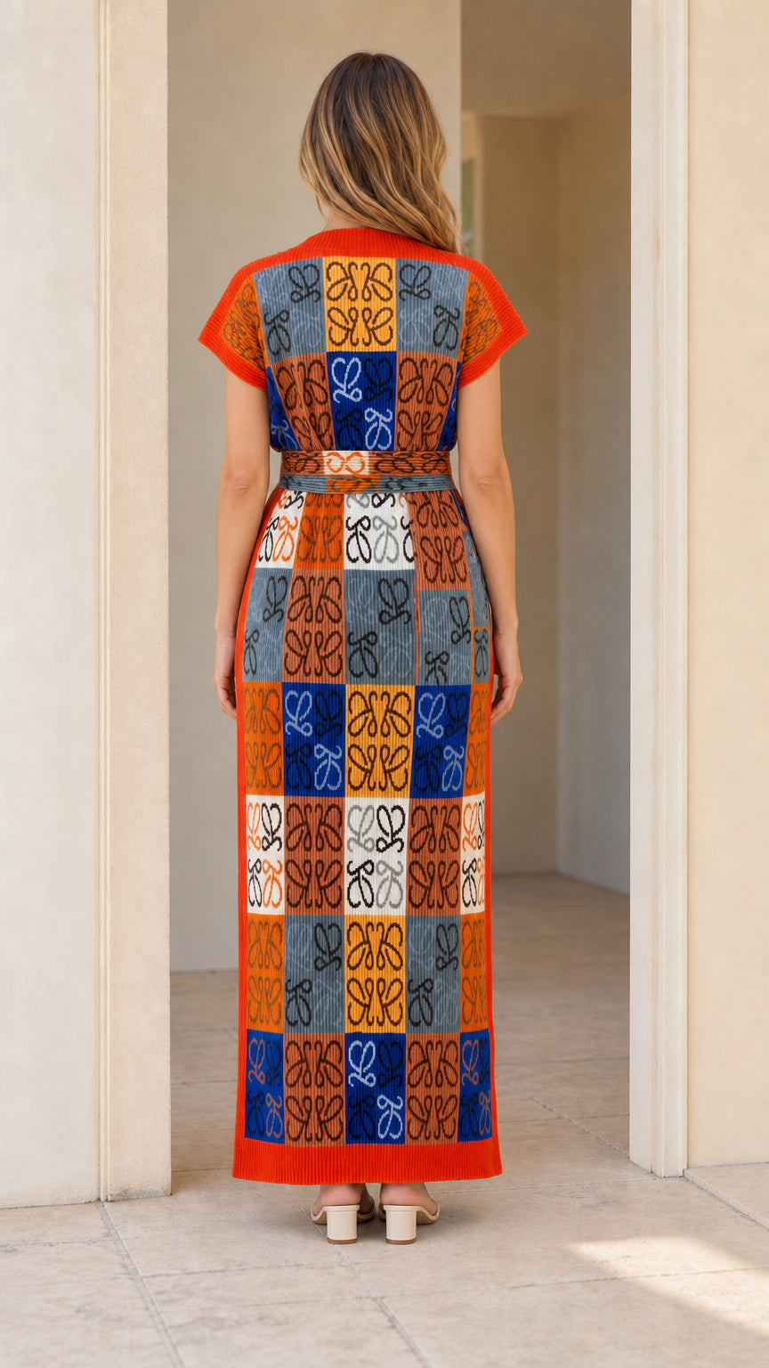 Back view of model wearing Orange Multi geometric pattern knit maxi dress