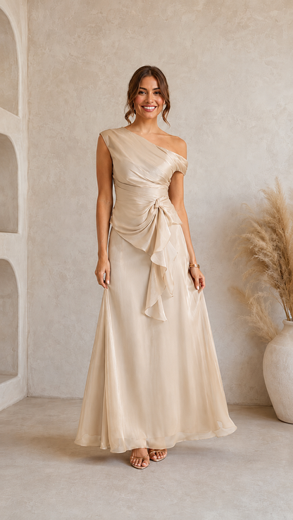 Champagne one-shoulder maxi dress with draped bodice and layered waist ruffle front view