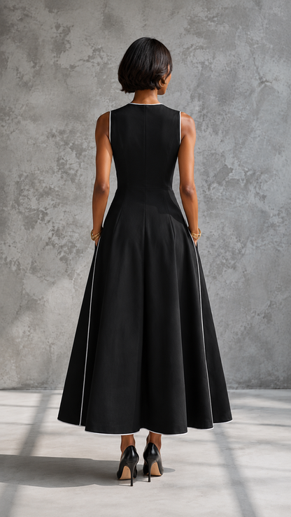 Back view of black sleeveless full-skirt A-line dress