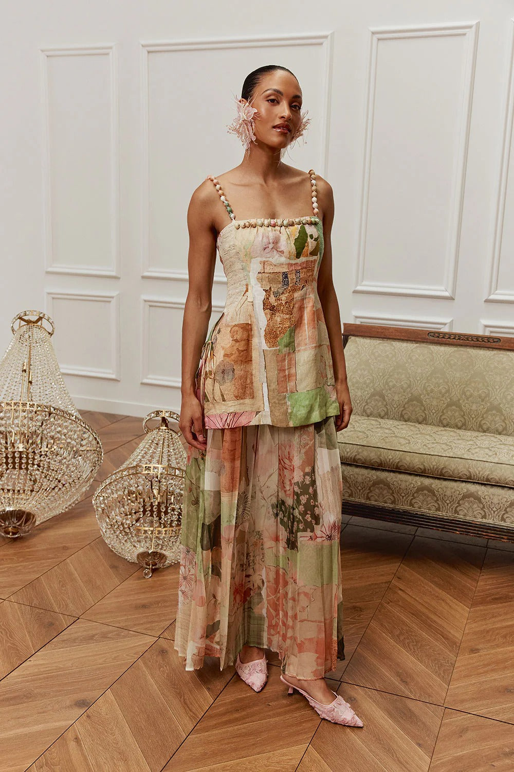 Three-quarter front view of the beaded strap floral maxi dress with artful patchwork print