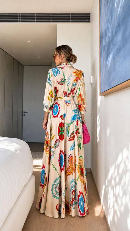 Back view of cream botanical print maxi dress with long sleeves and defined waist