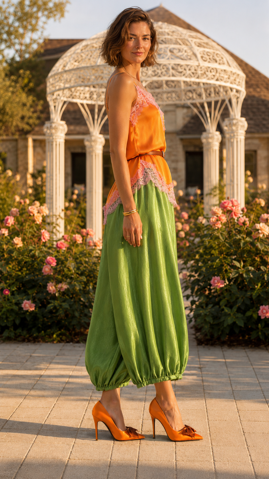 Orange and green lace trim cami jumpsuit side view with balloon leg silhouette