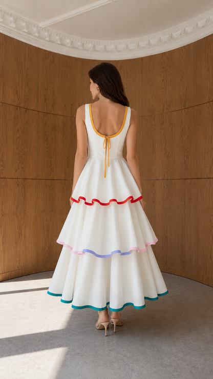 Back view of ivory sleeveless maxi dress with low scoop back and tie detail