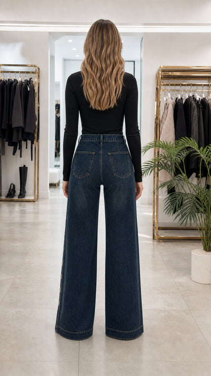 Back view of model wearing high rise dark blue wide leg jeans with back patch pockets