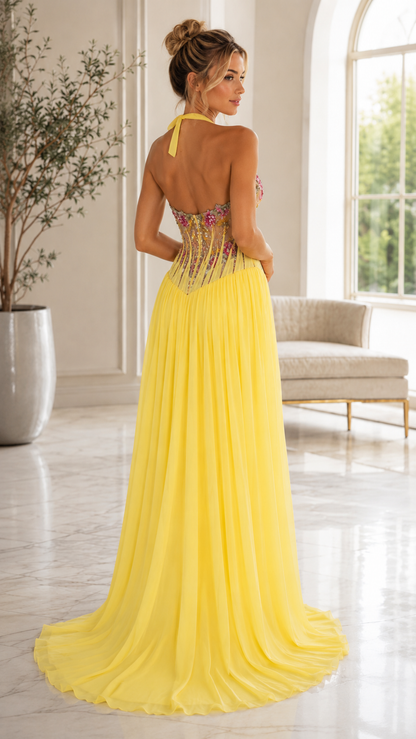 Back view of yellow floor-length halter gown with flowing skirt and open shoulders