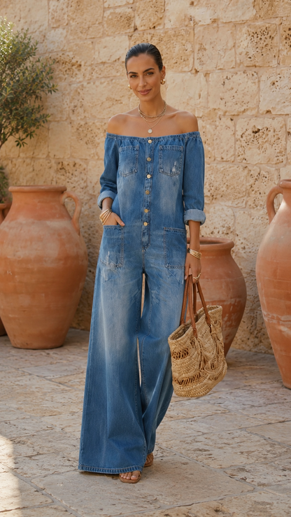 Blue off-shoulder button-front jumpsuit front angle with wide-leg silhouette