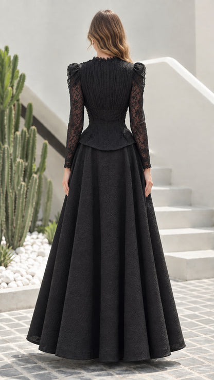 Back view of black A-line evening maxi gown