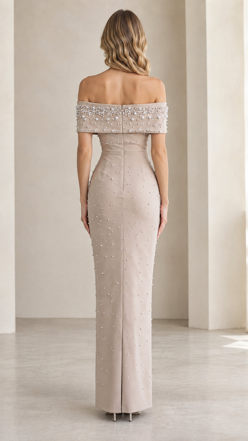 Back view of Champagne off-the-shoulder column evening dress