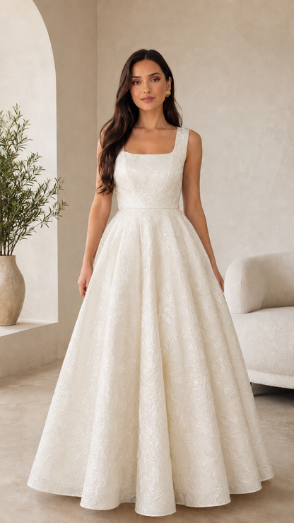 Ivory square neck sleeveless jacquard ball gown maxi dress front view