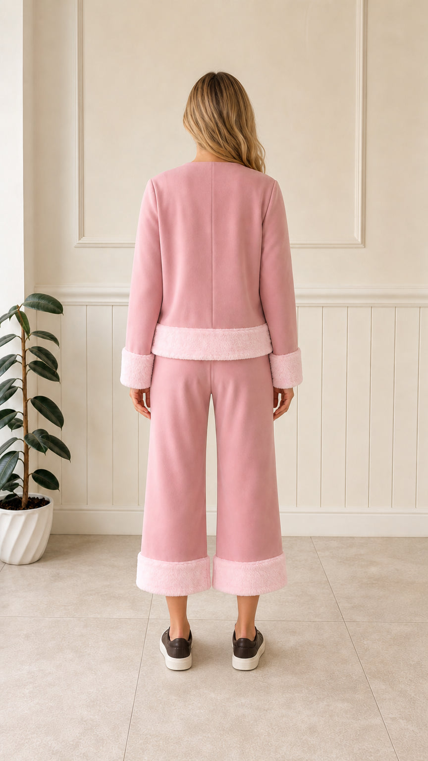 Back full-length view of pink faux fur trimmed jacket and pant matching set