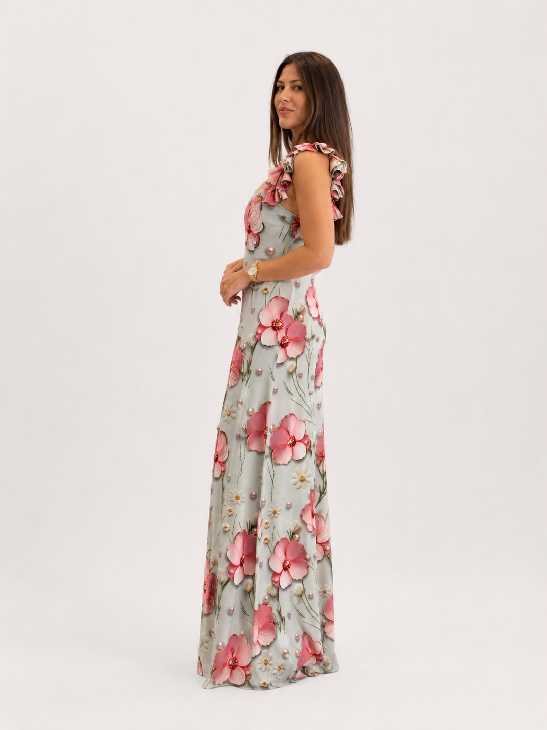 Side view of sleeveless floral maxi dress with ruffled shoulder straps