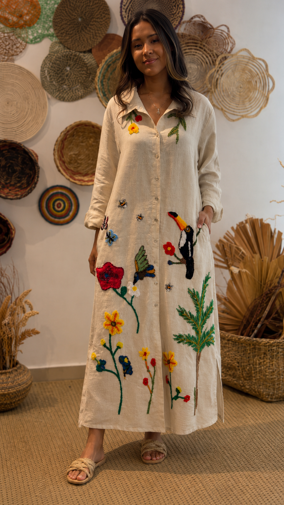 Beige long-sleeve embroidered maxi dress with collar and colorful botanical design