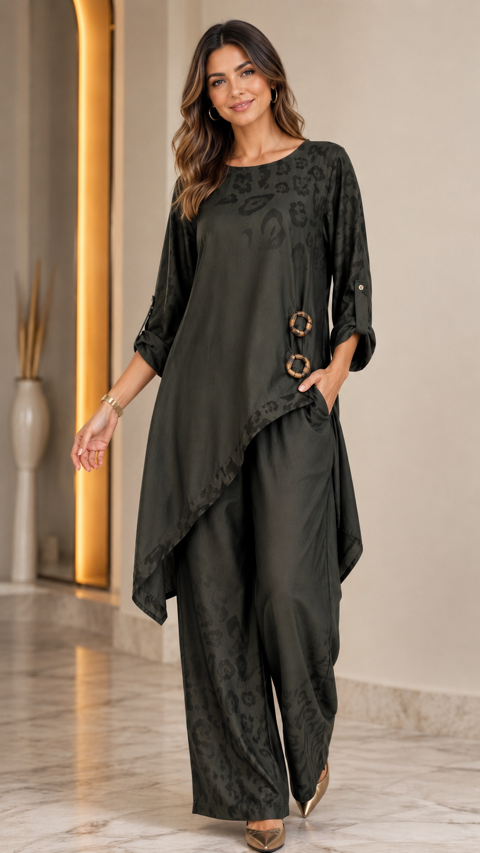 Women's olive asymmetrical tunic and wide leg pants set angled front view
