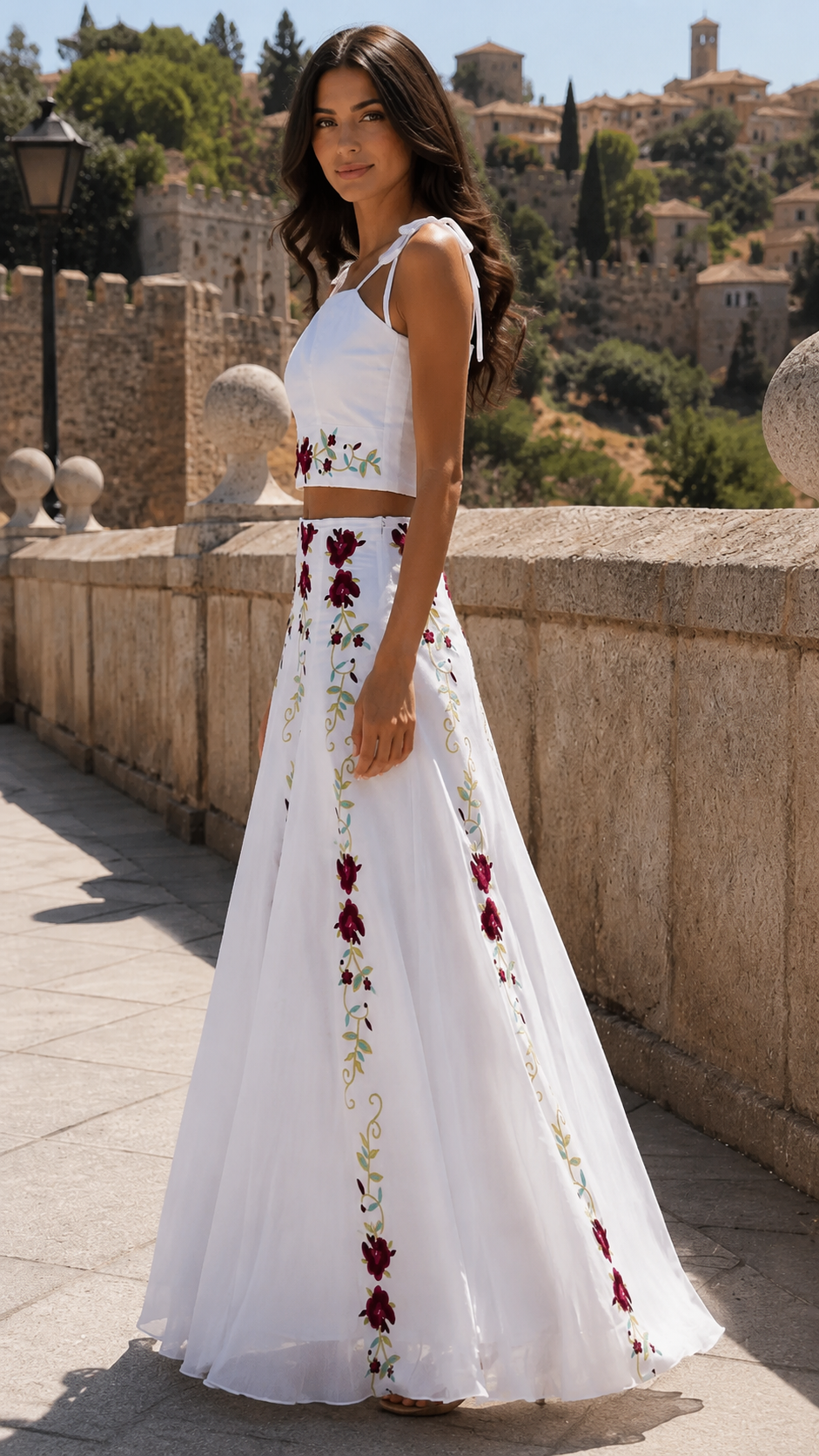 Side view of the white embroidered maxi skirt set with tie shoulders