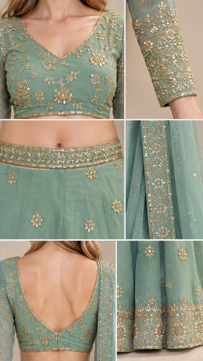 Close-up details of gold embroidery on sage green choli neckline, sleeves, and skirt hem