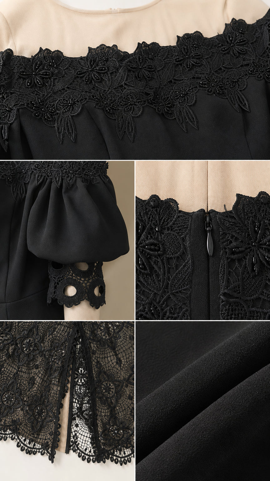 Close-up details of embroidered lace neckline, gathered cuff, zipper, and crepe fabric
