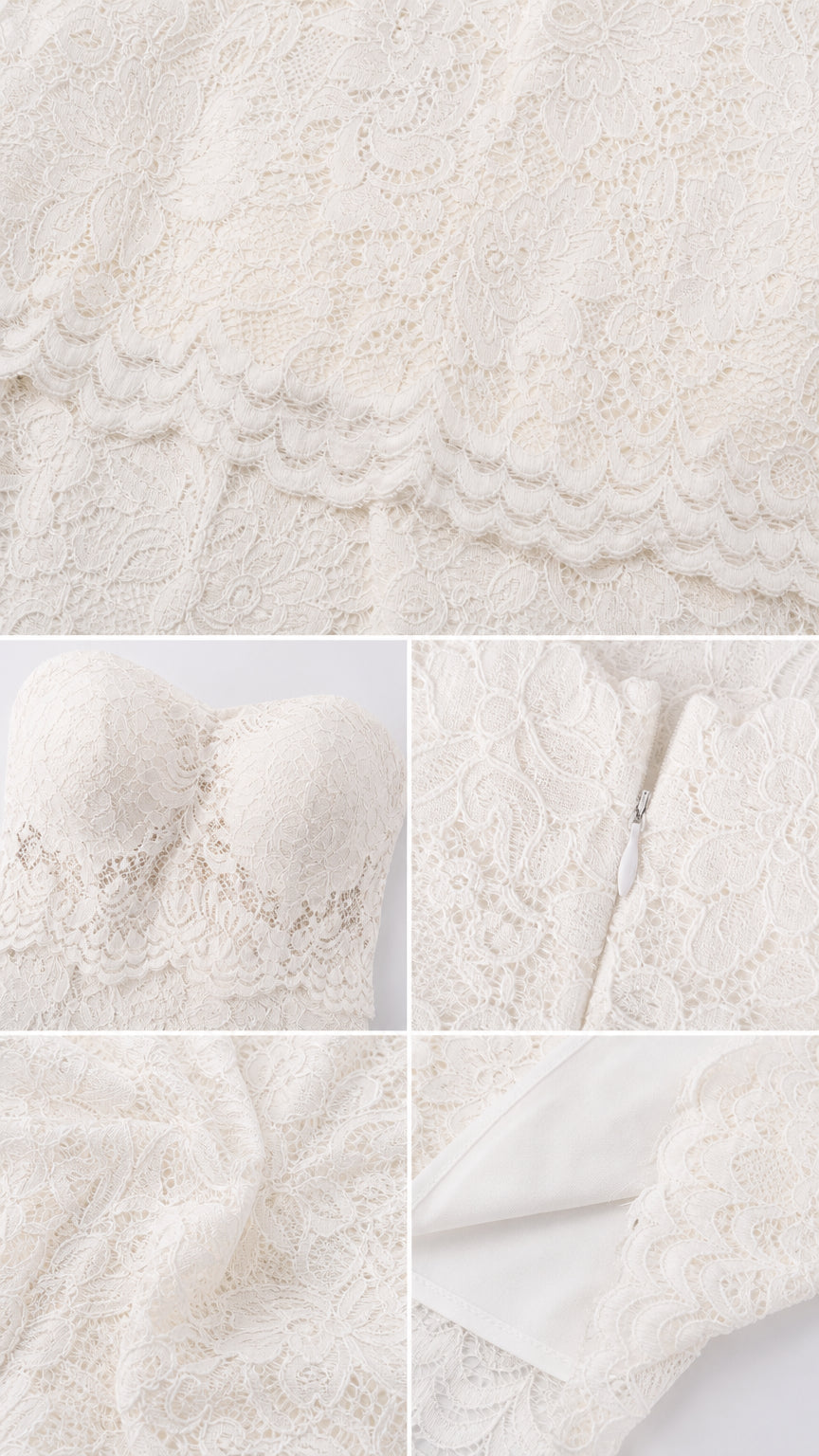Close-up details of scalloped floral lace, padded bodice, hidden zipper, and inner lining