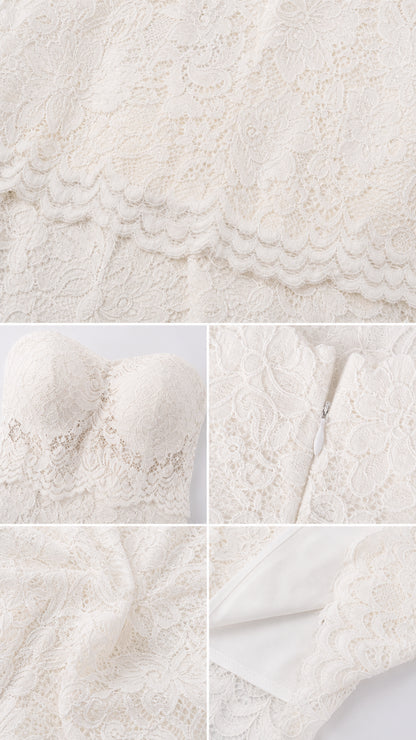 Close-up details of scalloped floral lace, padded bodice, hidden zipper, and inner lining