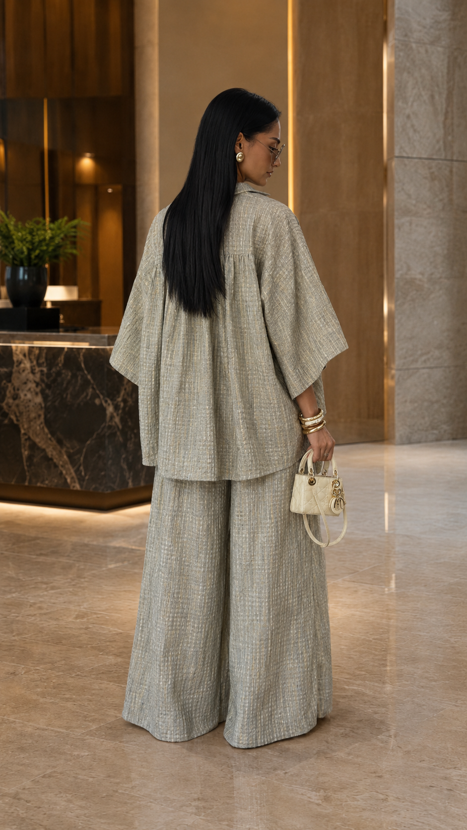Back view of oatmeal textured relaxed fit two-piece pants set
